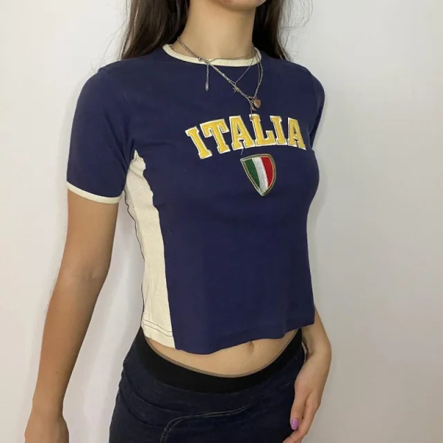 Summer Short Sleeve Slim Fit Women's Top Alphabet Embroidery Short Sleeve Navy Blue - Shop at LoveMi