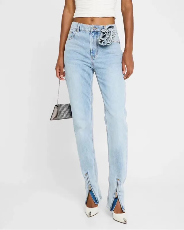 Women's Flower Leg Opening Zipper Split Jeans Blue - Shop at LoveMi