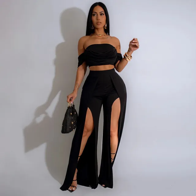 Fashion Women's Casual Tube Top Split Wide Leg Pants Suit Black - Shop at LoveMi