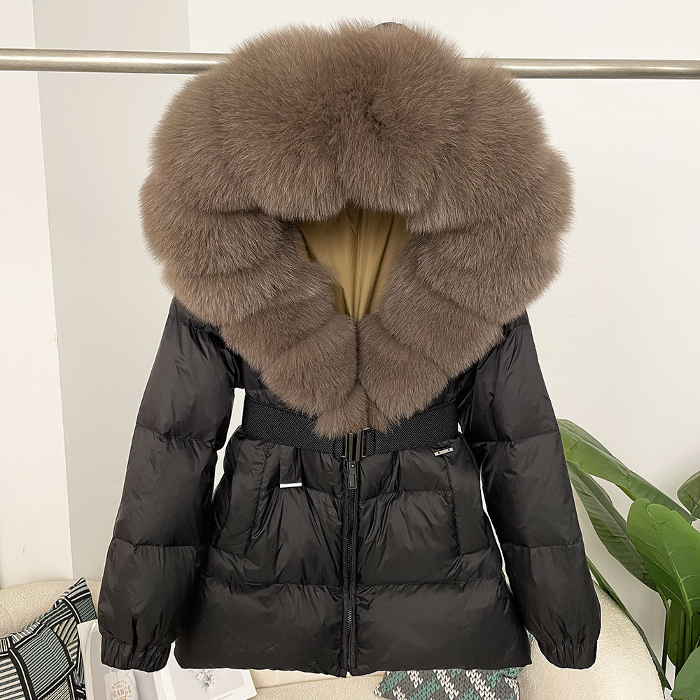 Oversized Real Fox Fur Collar Hooded White Duck Down Jacket - Image 1