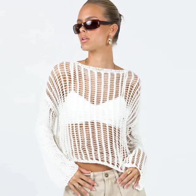 Women's Summer Thin Long Sleeve Hollow out Knitted Blouse Top White - Shop at LoveMi