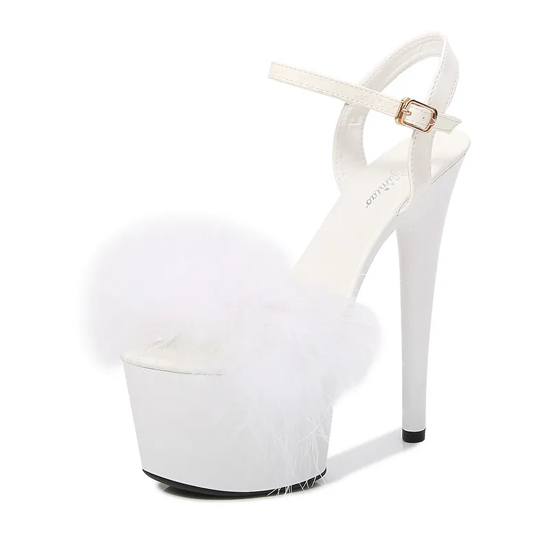 Patent Leather Stilettos Platform Sandals Fur High Heels - White