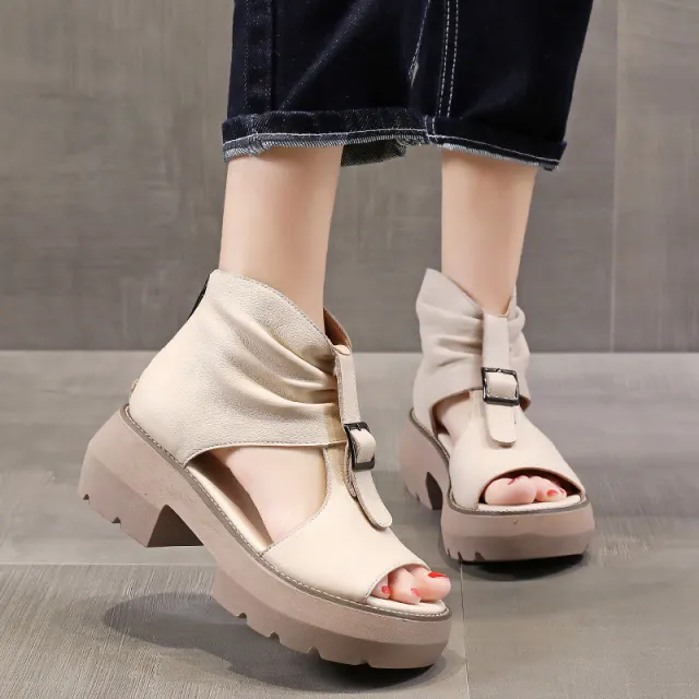 Summer Roman Style Peep Toe Chunky Heel Platform High top Height Increasing Sandals Beige - Shop at LoveMi