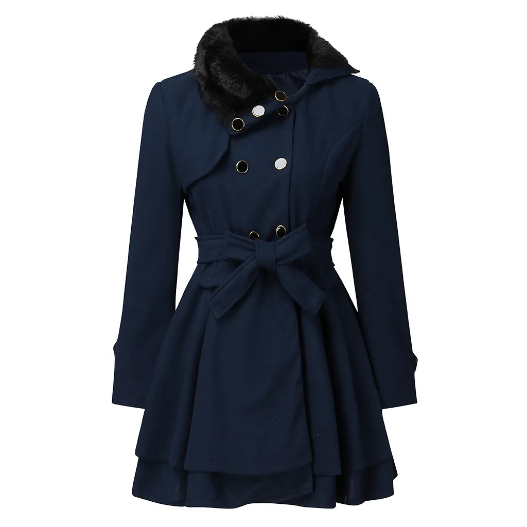 Women's Fur Collar Coat Double-breasted Trench Coat With Large Skirt - Blue