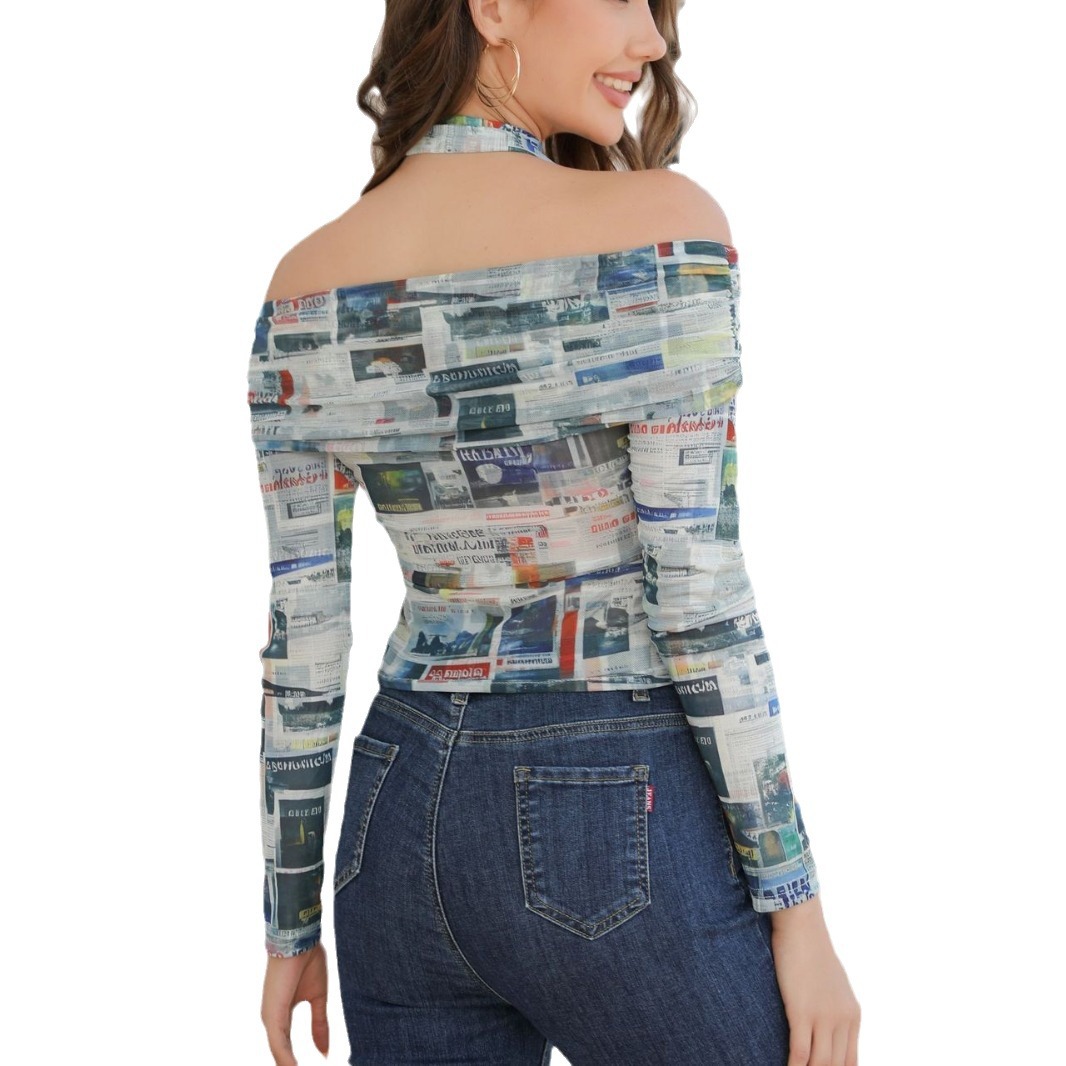 Hot Girl Style Lace-up Off-shoulder Long Sleeve Slim-fit Newspaper Printing Top