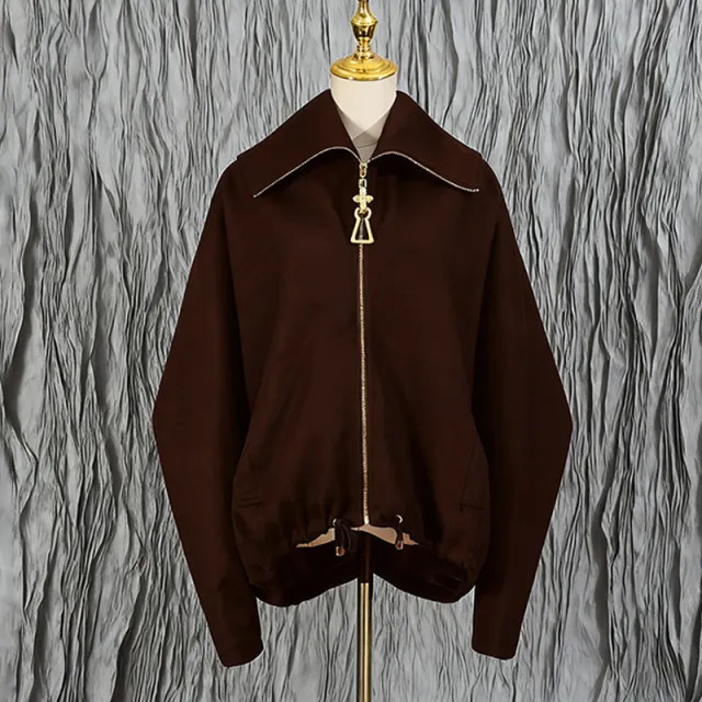 Heavy Embroidery Patchwork Loose Drawstring Silhouette Jacket Brown - Shop at LoveMi
