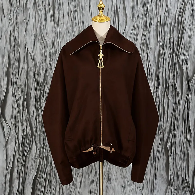 Heavy Embroidery Patchwork Loose Drawstring Silhouette Jacket - Brown