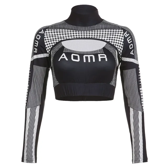 Car Line Print Blouse Short Top Outdoor Wear Personality Turtleneck Long Sleeve T shirt Two piece Set White - Shop at LoveMi