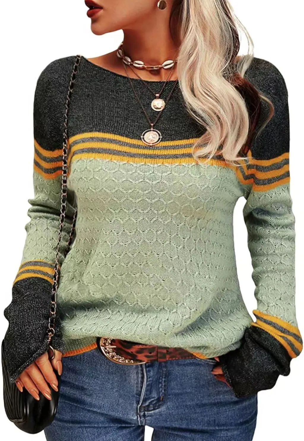 Foreign Trade Crocheted Long-sleeved Top Striped Color-block Crew Neck Knitted Sweater - Light Green