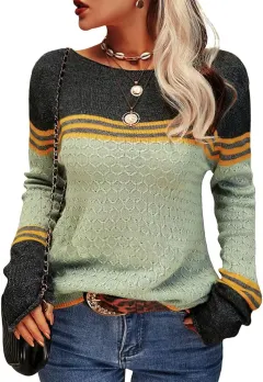 Foreign Trade Crocheted Long-sleeved Top Striped Color-block Crew Neck Knitted Sweater - Light Green - View 1