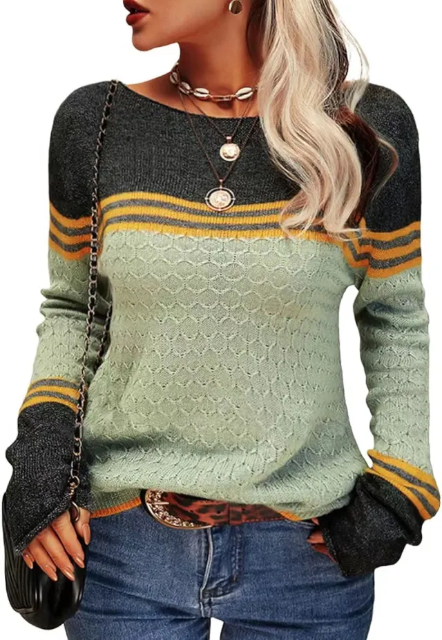 Foreign Trade Crocheted Long sleeved Top Striped Color block Crew Neck Knitted Sweater Light Green - Shop at LoveMi