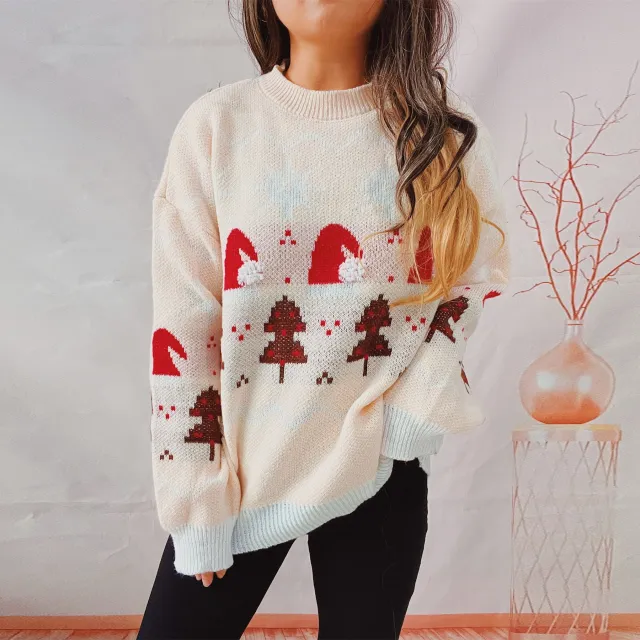 Women's Fashion Christmas Round Neck Long Sleeve Sweater Beige - Shop at LoveMi