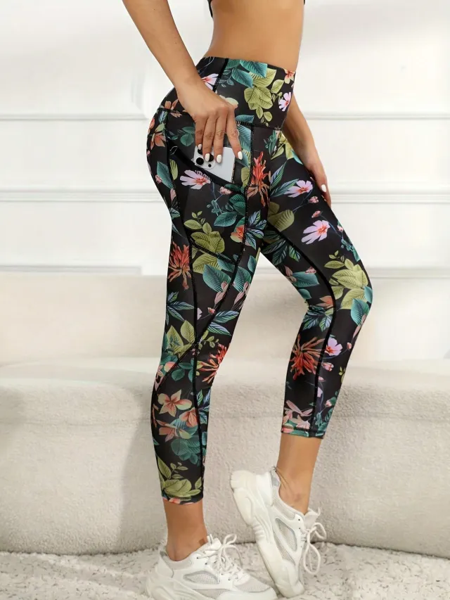 Pocket Stitching Fashion Sports Soft Yoga Pants Flowers - Shop at LoveMi