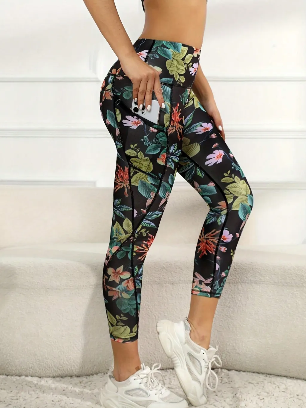 Pocket Stitching Fashion Sports Soft Yoga Pants - Flowers