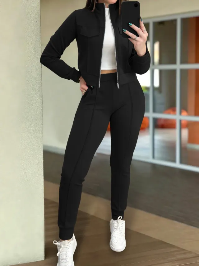 Women's Solid Color Fashion Casual Long Sleeve Pants Two piece Set Black - Shop at LoveMi
