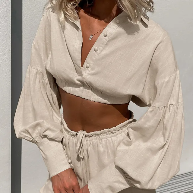 European And American Design Sense Simple Personality Leisure Suit Khaki Top Shorts - Shop at LoveMi