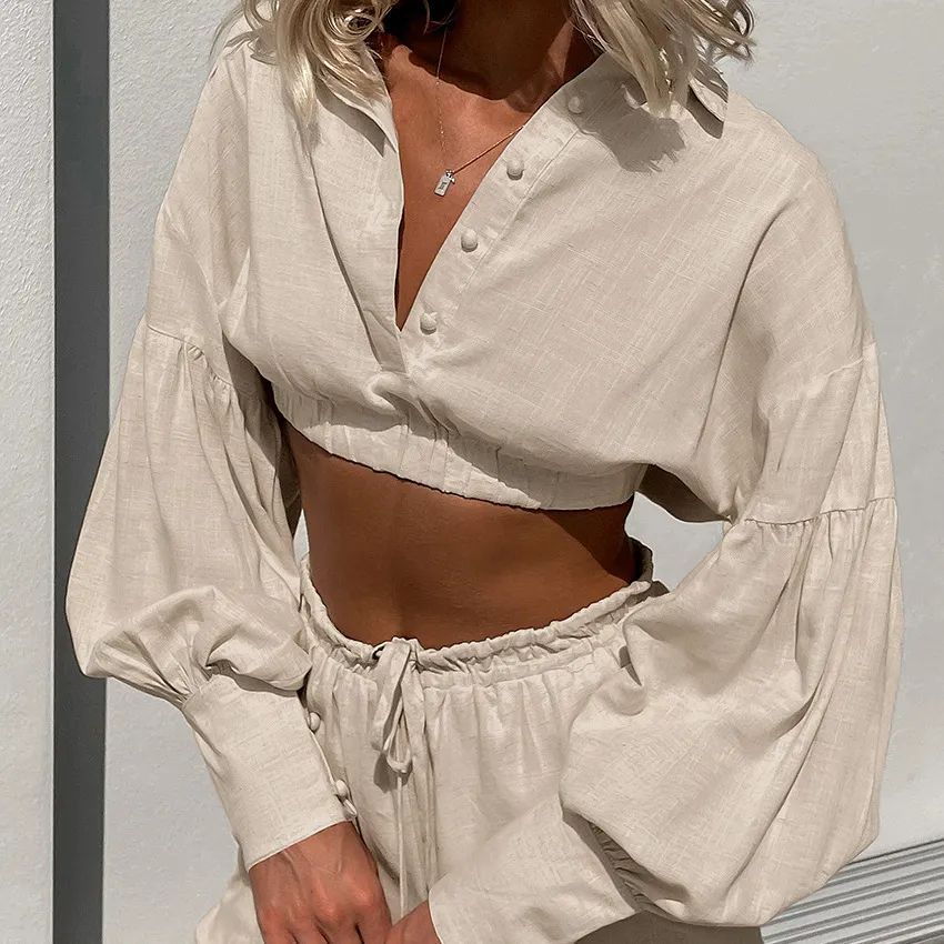 European And American Design Sense Simple Personality Leisure Suit - Khaki Top Shorts