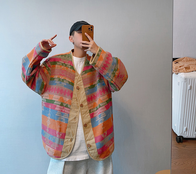 Retro Loose Ethnic Style Contrast Color Woolen V-neck Buttons Rainbow Jacket For Men