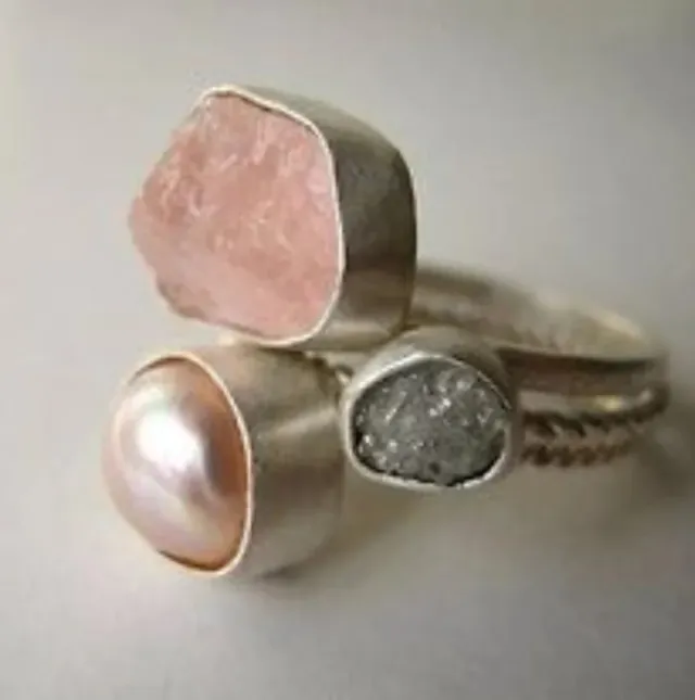 Retro Style Natural Raw Gemstone Pearl White Crystal Fluorite Amorphous Ring Silver - Shop at LoveMi