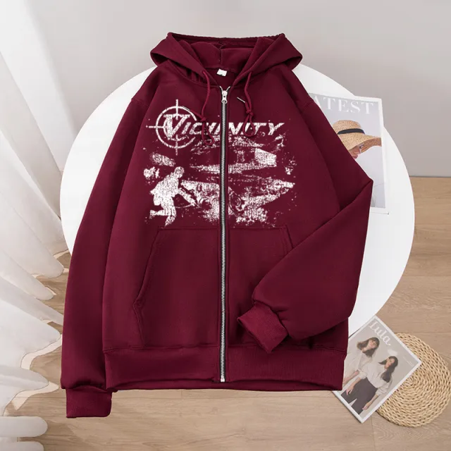 European And American Fashion Geo neighbor Printed Zipper Sweater Wine Red - Shop at LoveMi