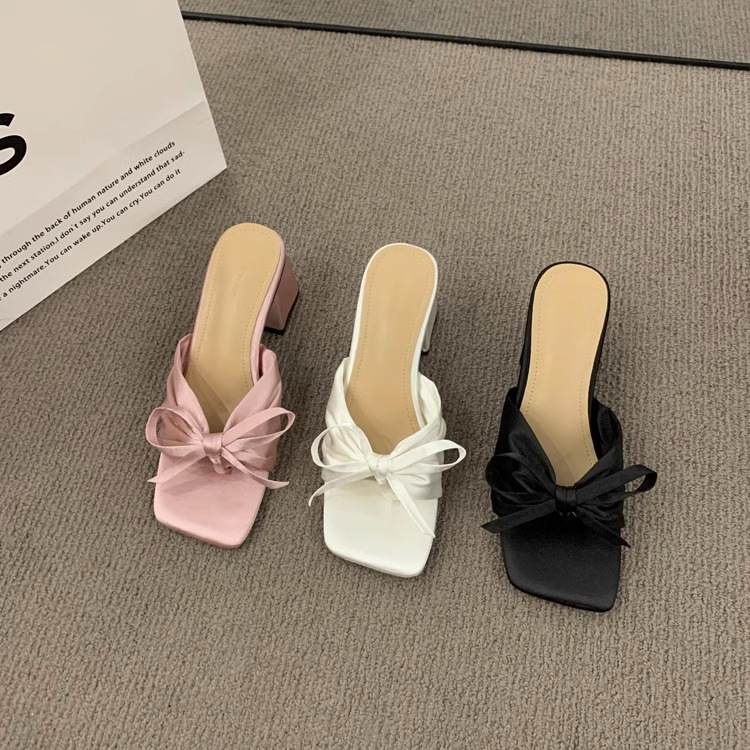 French Style High-grade Satin Bow Chunky Heel Sandals Women's Outer Wear High Heels