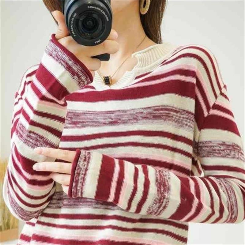 Striped V neck Knitted Top Thin Plus Size Inner Bottoming Shirt Apricot Purplish Red - Shop at LoveMi
