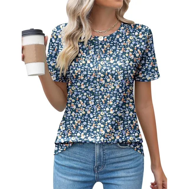 Pleated Round Neck Short Sleeve Women's Top Blue Variegated - Shop at LoveMi