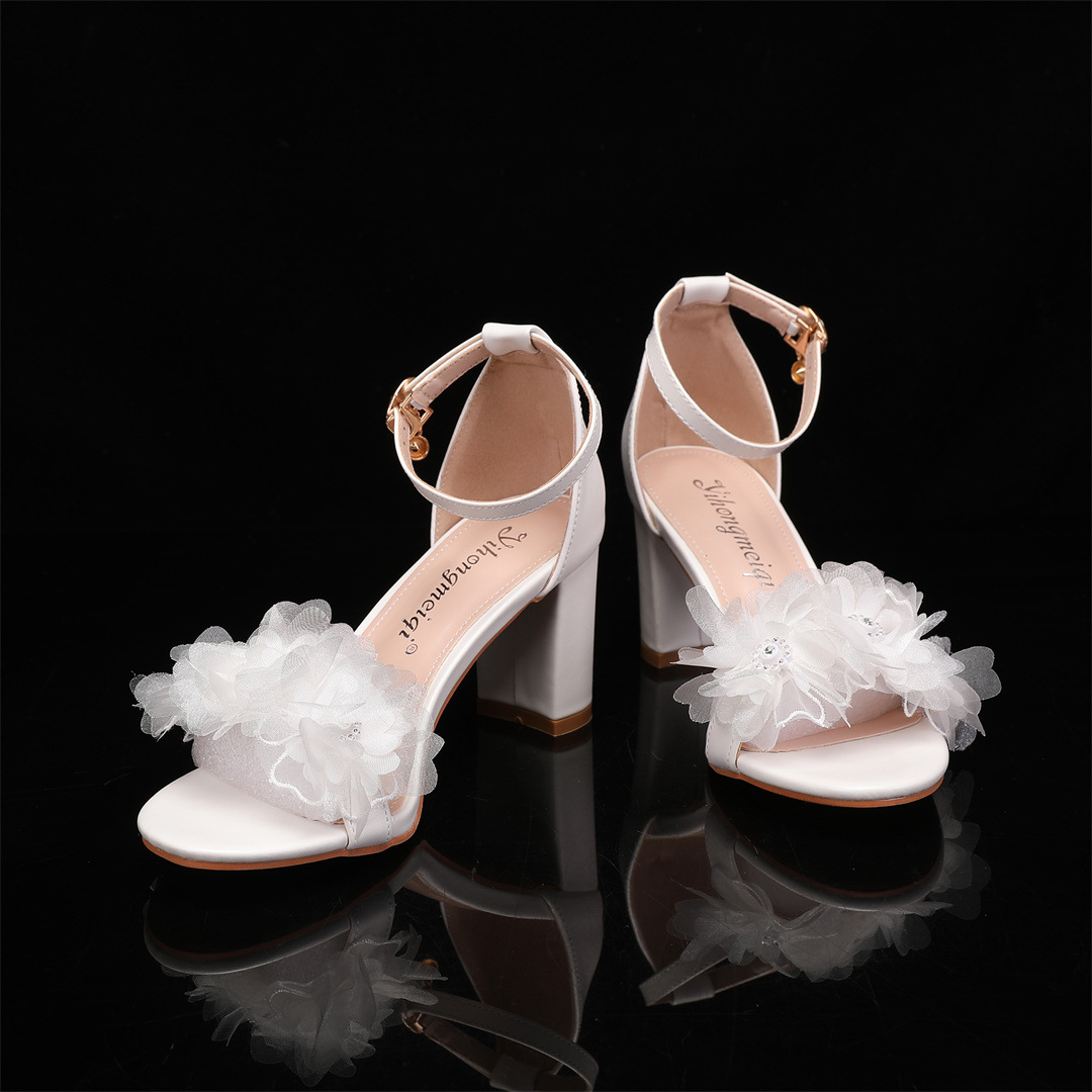 Boho Block Wedding Heels with 3D Flowers