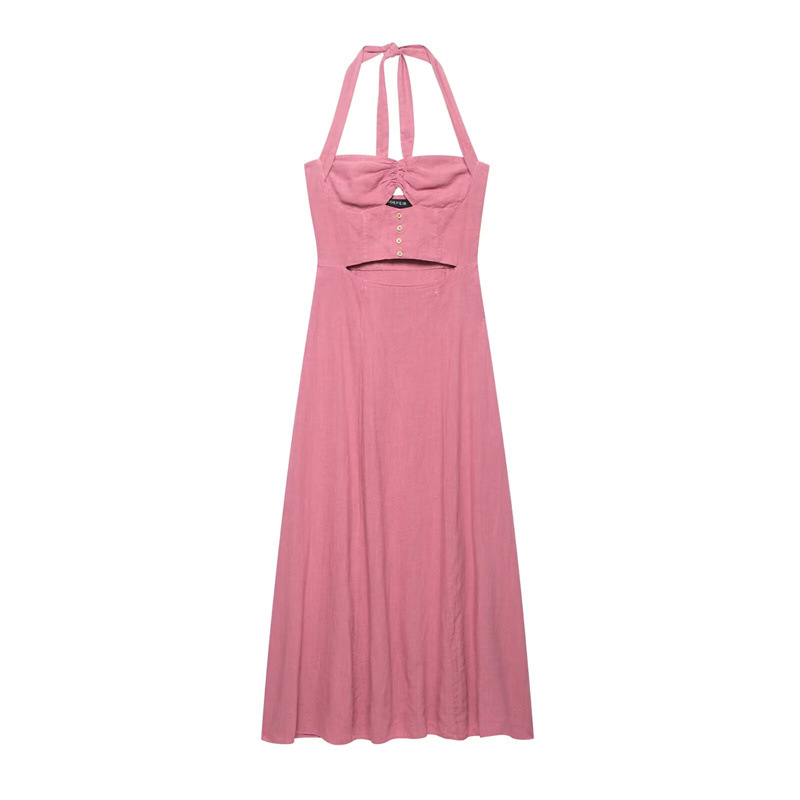 Fashion Ramie Blended Hanging Collar Women's Dress