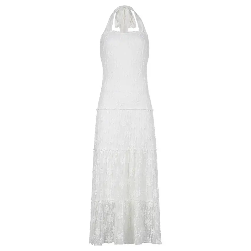 Temperament Pure Color Lace Stitching Sleeveless Halter Backless Lace-up Dress