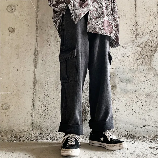 Tooling Wide Leg Loose High Waist Straight Pants Dark Gray - Shop at LoveMi
