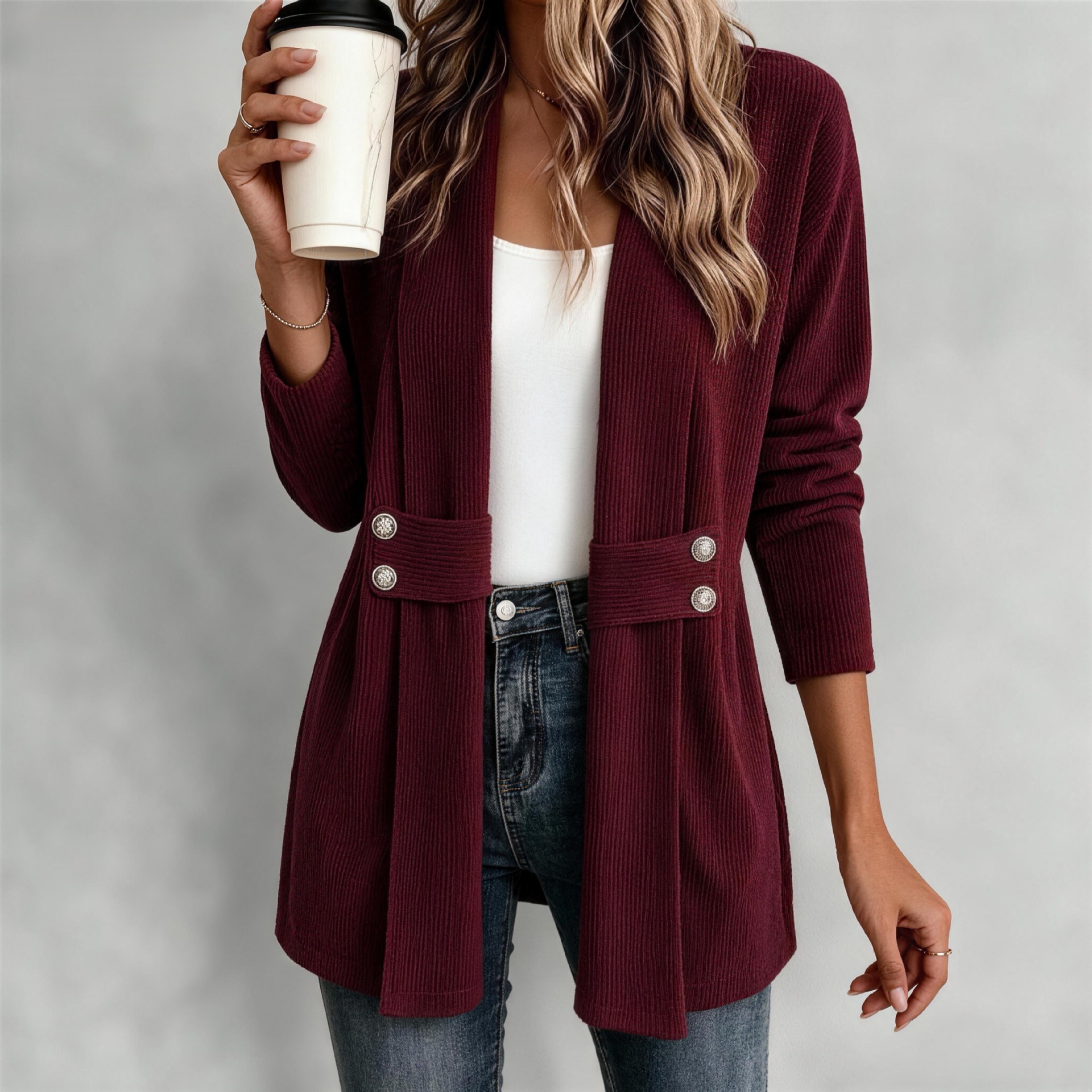 Women's knitted jacket – wine red colorway styled with jeans for autumn