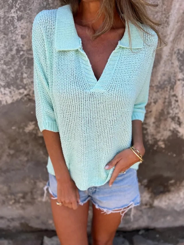 European And American Lapel Knitwear Three quarter Sleeve Solid Color Bottoming Shirt For Women Blue - Shop at LoveMi