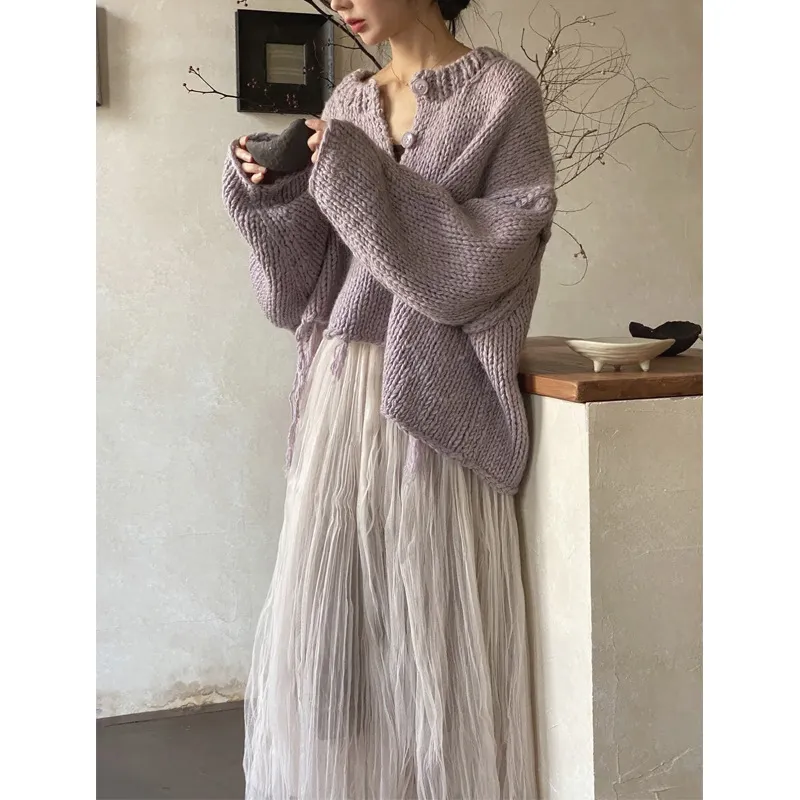 Autumn And Winter Lazy Casual Super Thick Tassel Sweater Atmosphere Skirt Suit - Purple Skirt