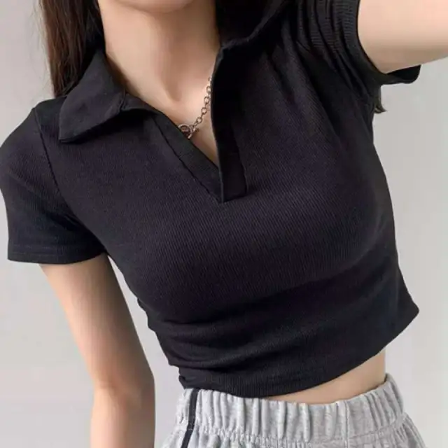 Slim V neck Short sleeved T shirt For Women Black - Shop at LoveMi