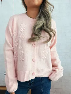 Simple Casual Flower Cardigan Round Neck Long Sleeve Sweater - Pink - View 1