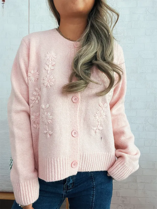 Simple Casual Flower Cardigan Round Neck Long Sleeve Sweater Pink - Shop at LoveMi