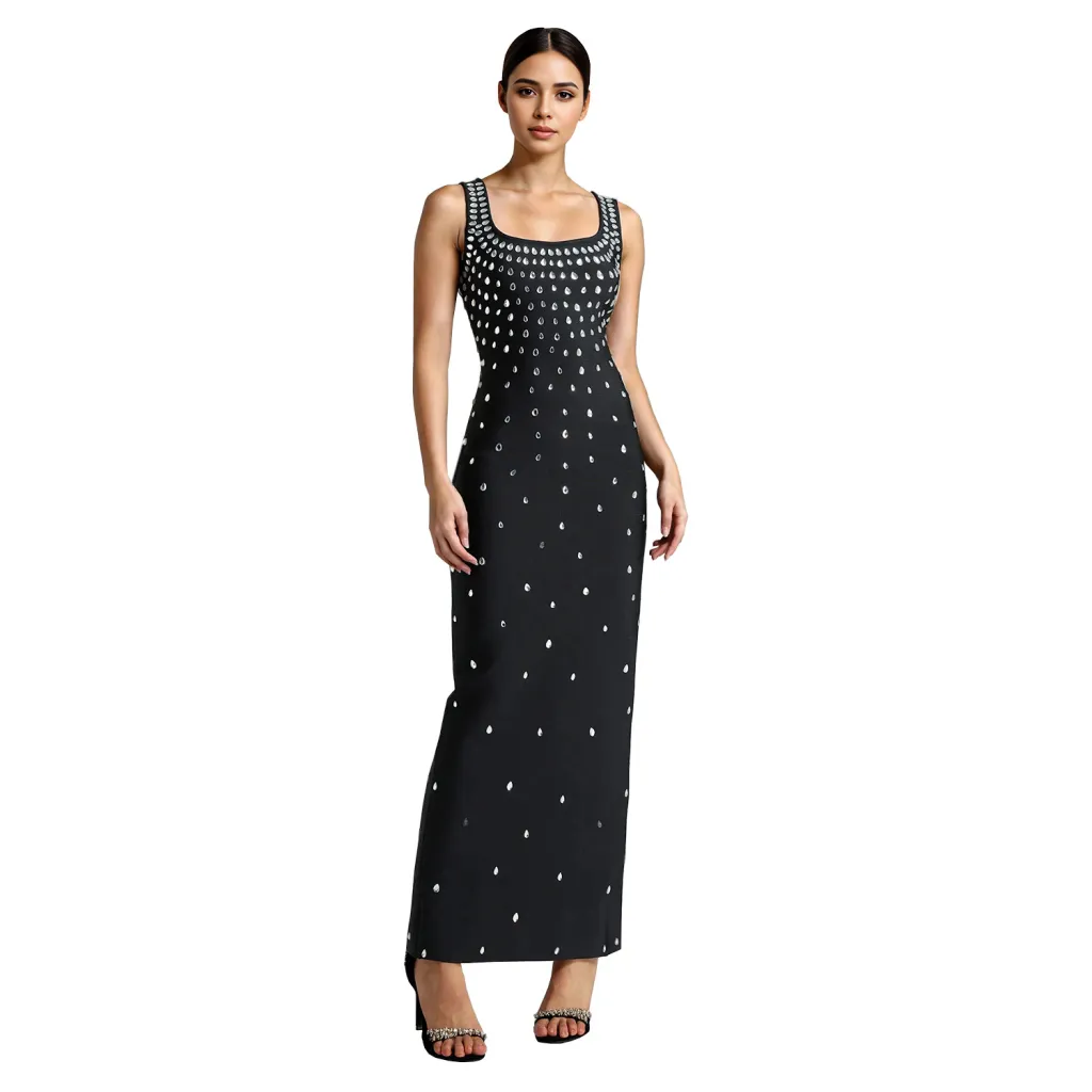 Rhinestone U-neck Sleeveless Sheath Tight Dress - Black