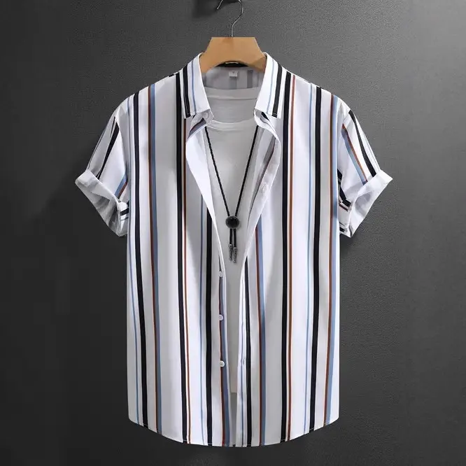 Summer Men's Fashion Trend Stripes Short Sleeve Stand Collar