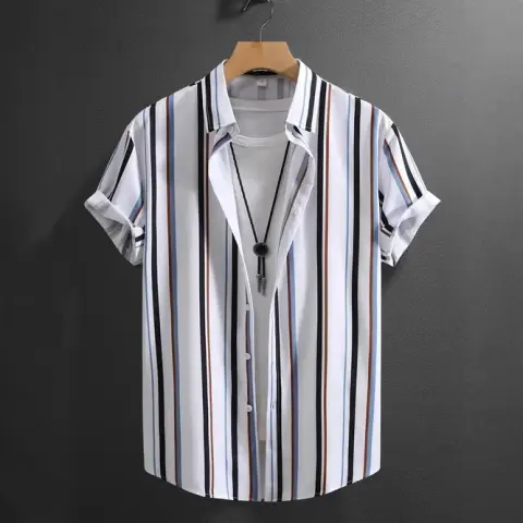 Summer Men's Fashion Trend Stripes Short Sleeve Stand Collar