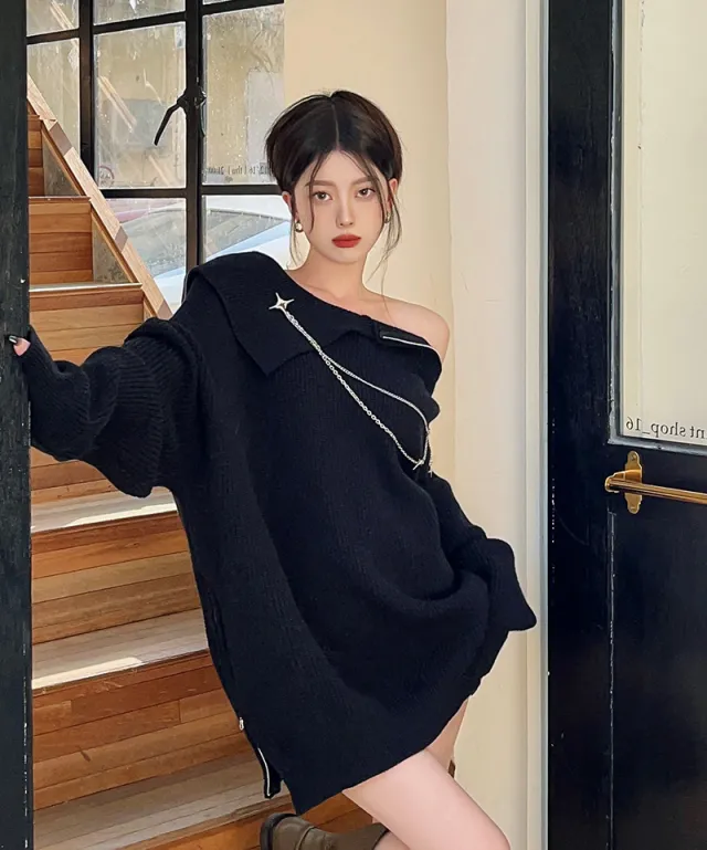 Pure Lust Off Shoulder Zipper Sweater For Women Black - Shop at LoveMi