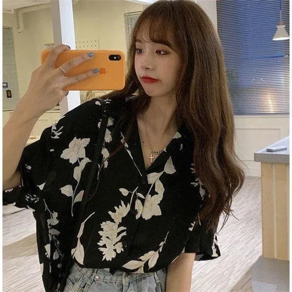 Top Retro Style Short Sleeve Doll Design Sense Black - Shop at LoveMi