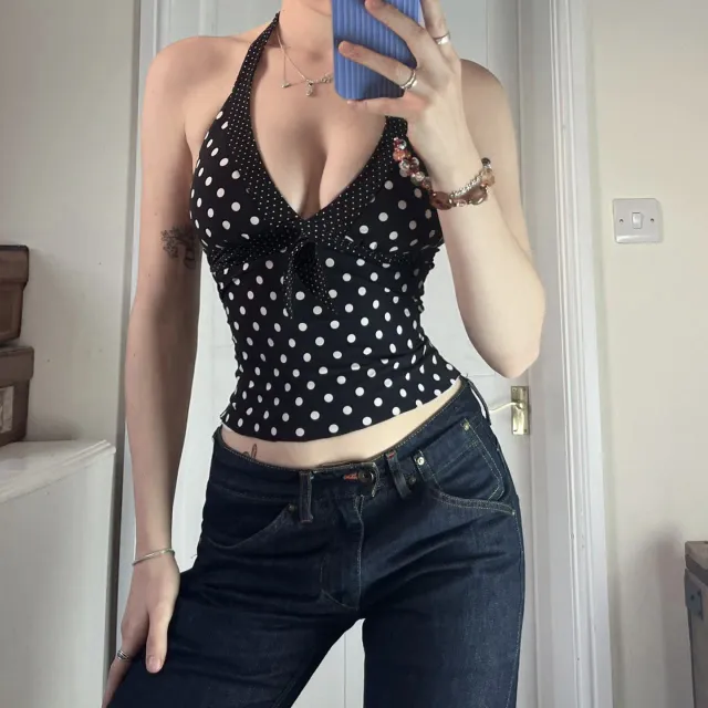 European And American style Spicy girl V neck Figure flattering Polka dot Halter Vest Black - Shop at LoveMi