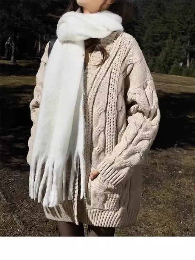 European And American Solid Color Cable knit Sweater Knitted Cardigan Jacket White - Shop at LoveMi