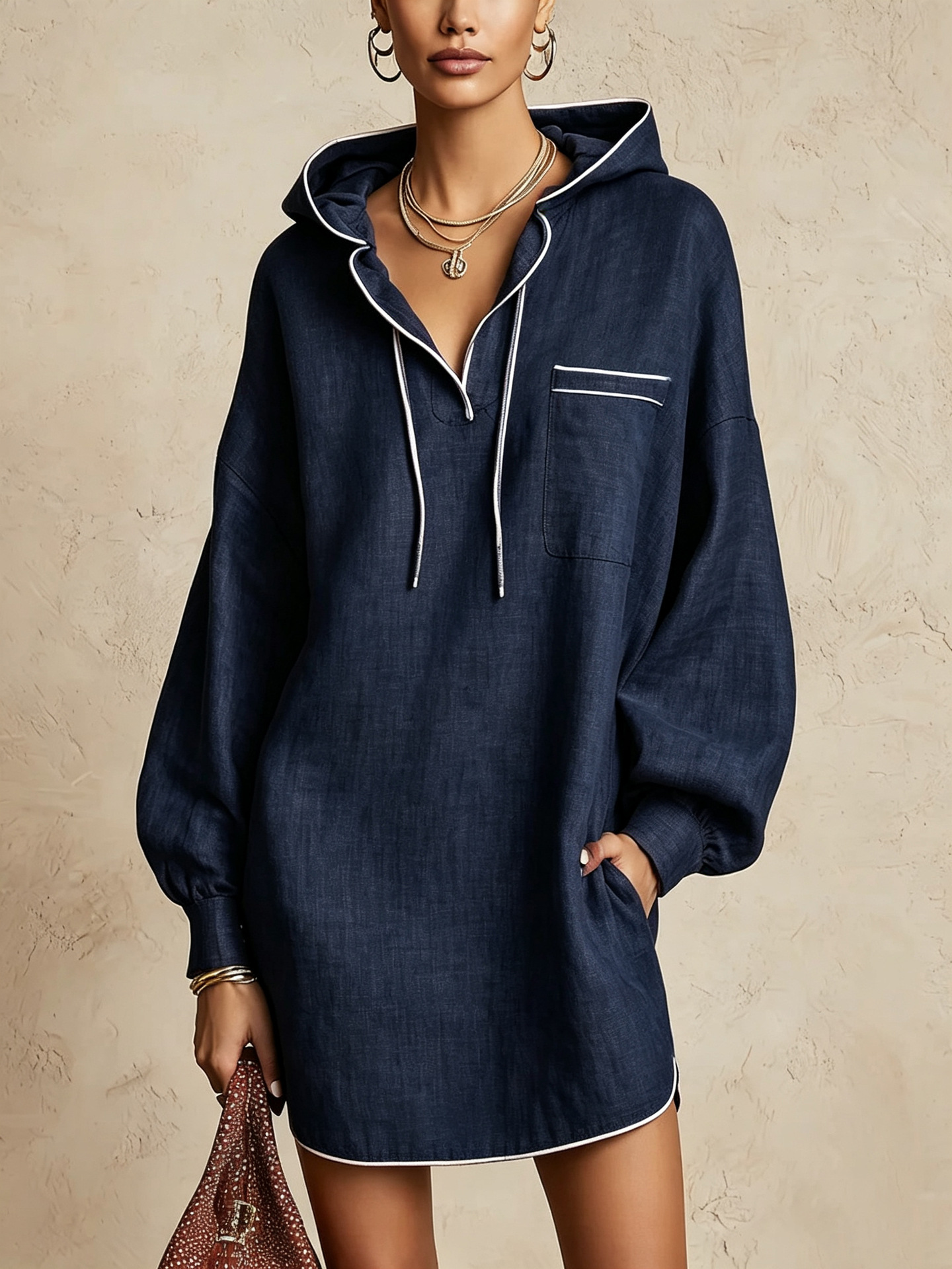 Womens Drawstring Midi Dress | Long-Sleeve Hooded