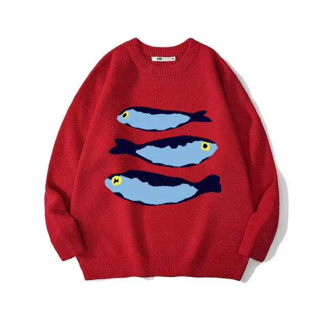 Loose Pullover Fashion Knitted Long Sleeve Sweater Red - Shop at LoveMi
