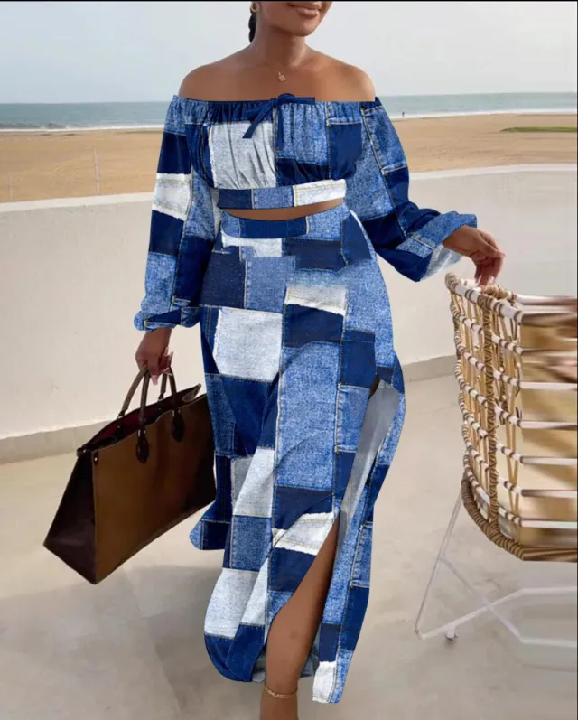 Cross border Casual Off the shoulder Split Vacation Dress Two piece Set Denim Printing - Shop at LoveMi