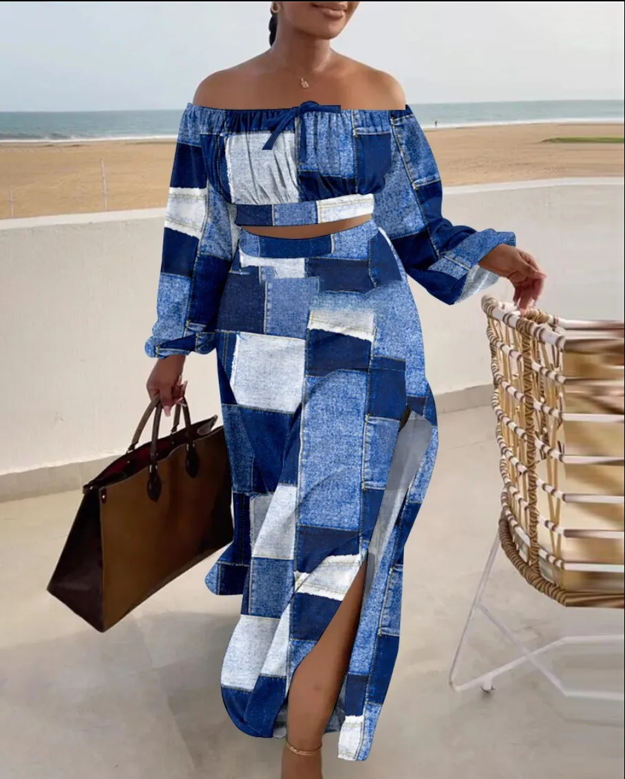 Cross-border Casual Off-the-shoulder Split Vacation Dress Two-piece Set - Denim Printing