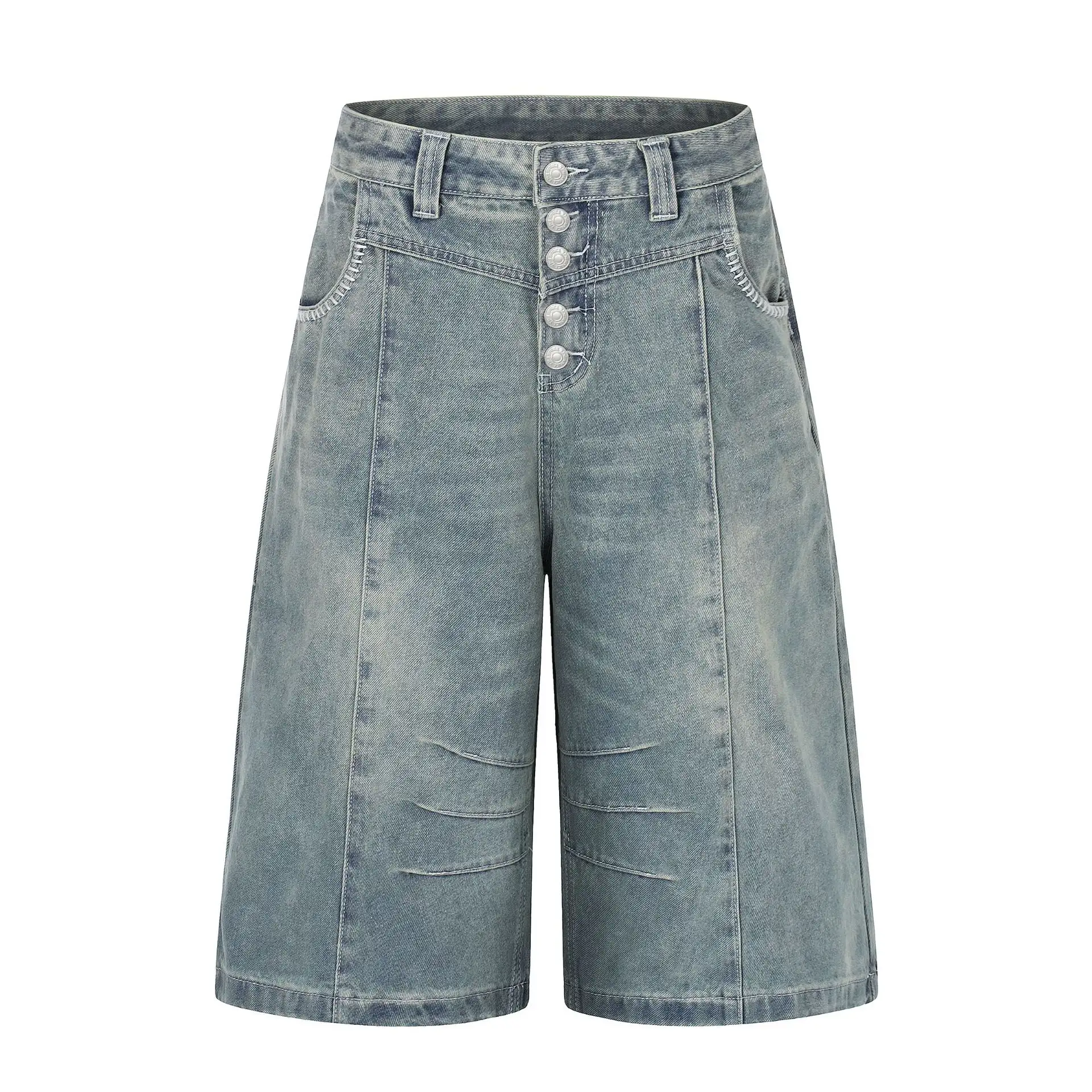 Retro Deconstructed Raw-Edge Button-Front Denim Cropped Pants