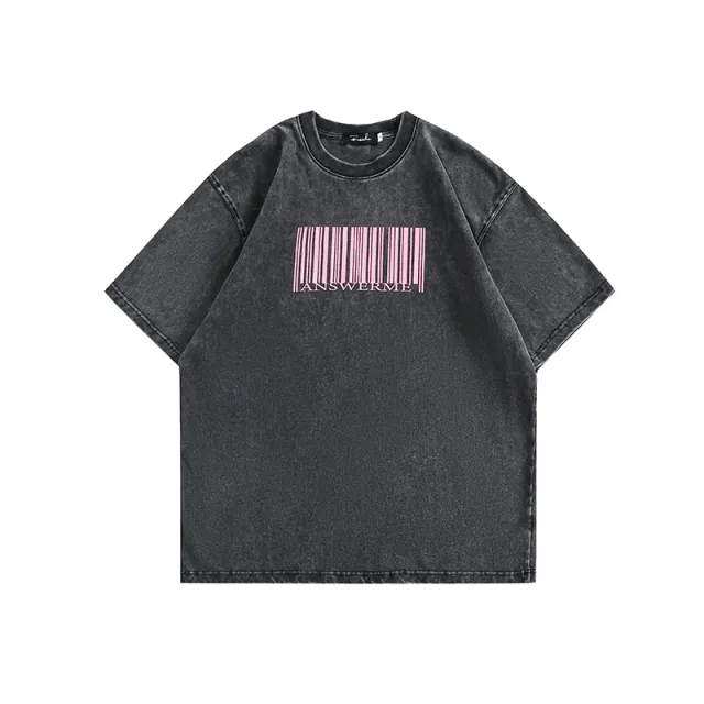 Printed Washed Distressed Round Neck Short Sleeve T shirt Black - Shop at LoveMi